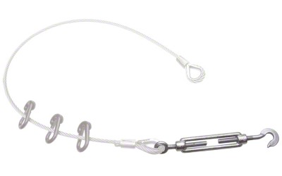 Double sided with dead eye clip and tensioning lock for steel rope on one side